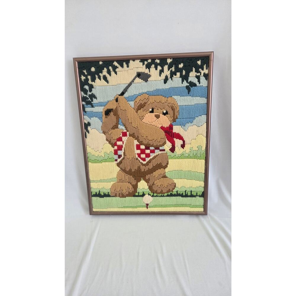 Vtg Needlepoint Golfer Bear 14 x 11 - Picture 2 of 4